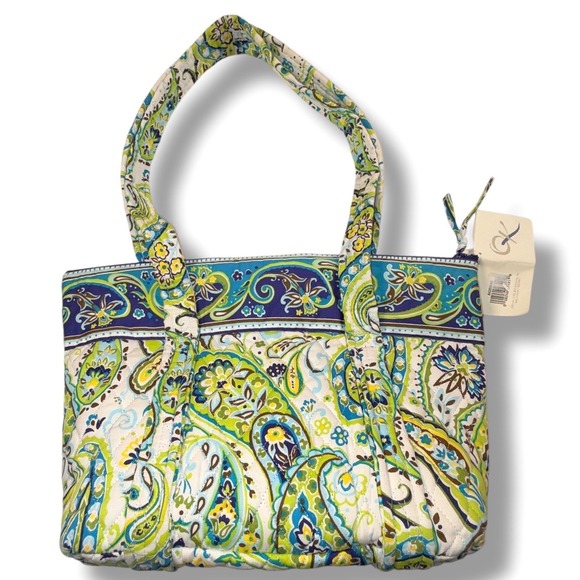 Santa Cruz Quilted Paisley Tote Bag Blue Green Yellow Floral Accent New - Picture 3 of 10